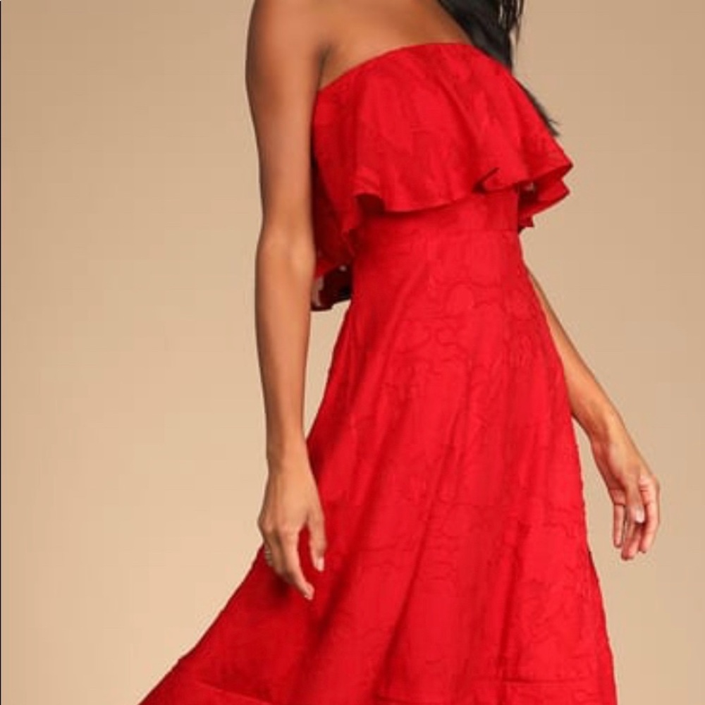 Lulus Red Burnout Floral Strapless Midi Dress NEW WITH TAGS!!!